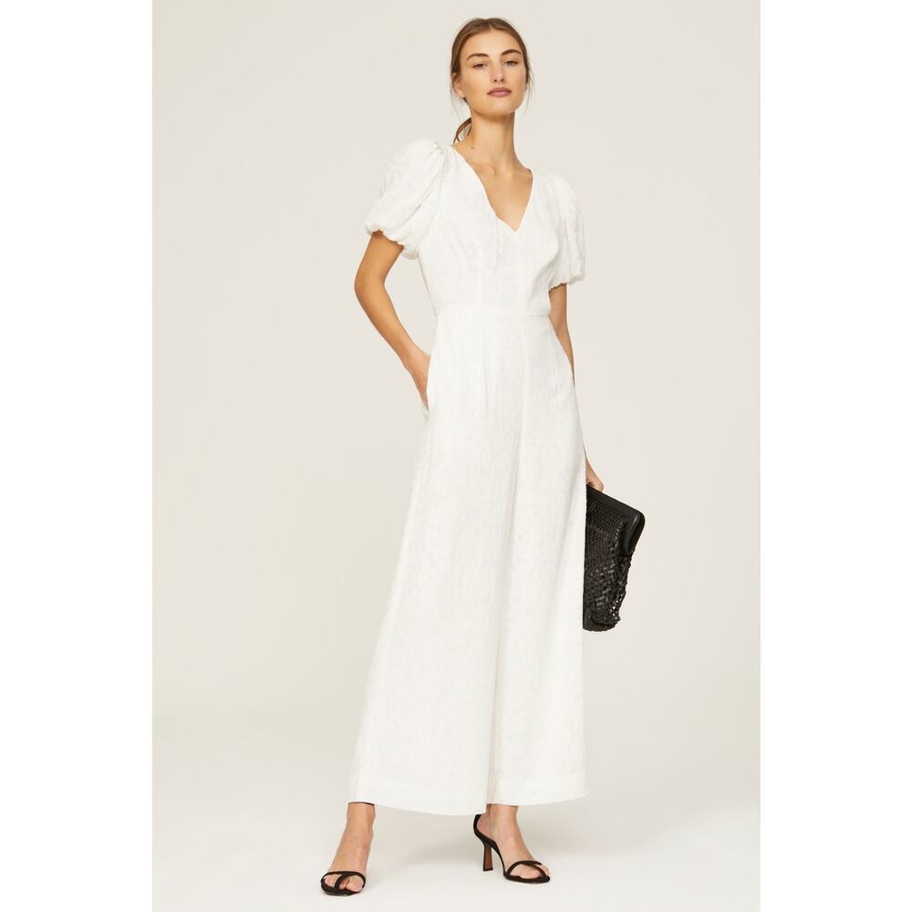 CLUB MONACO White Open Back V-Neck Textured Style Tie Back Jumpsuit Size 4